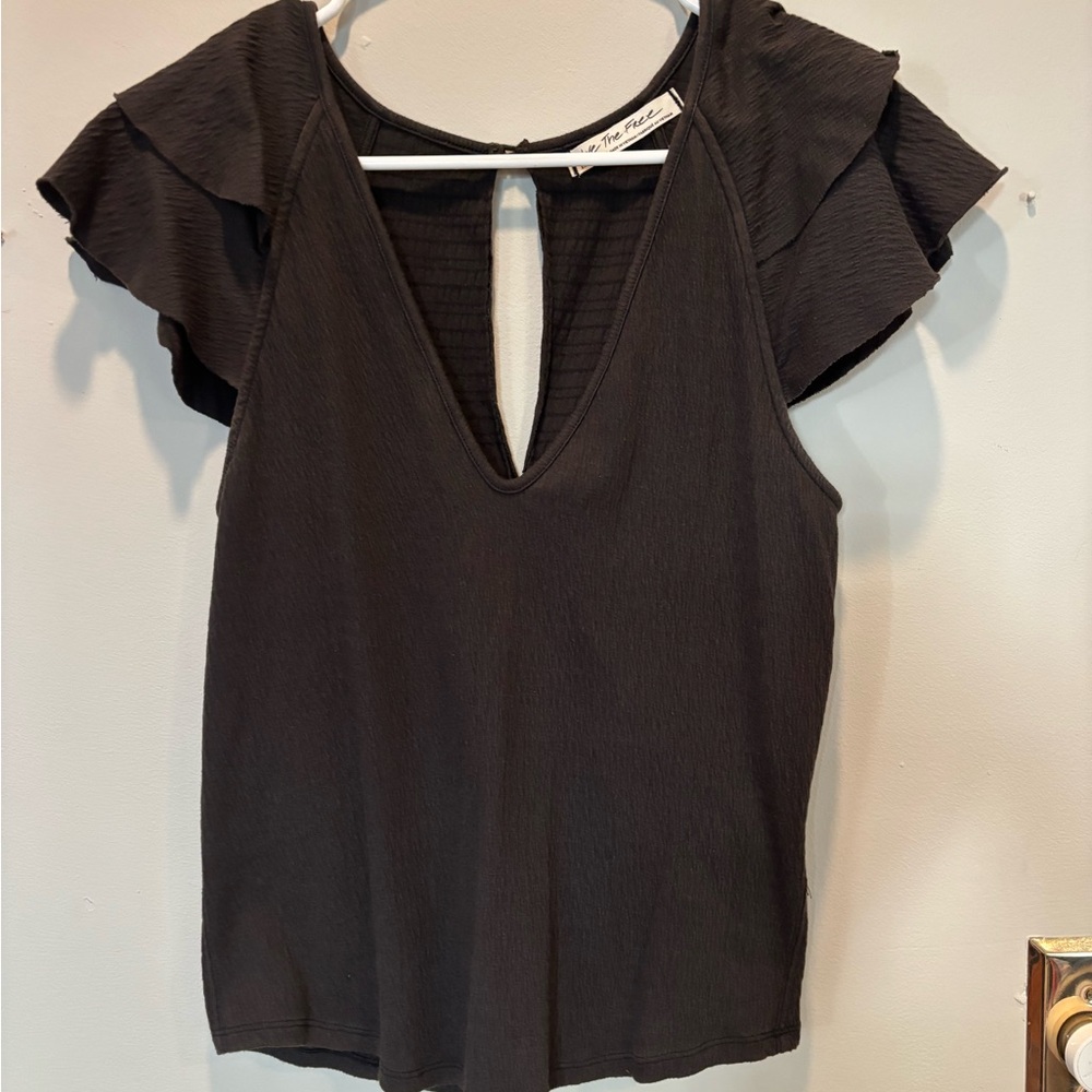 We The Free Charcoal Flutter Sleeve Blouse